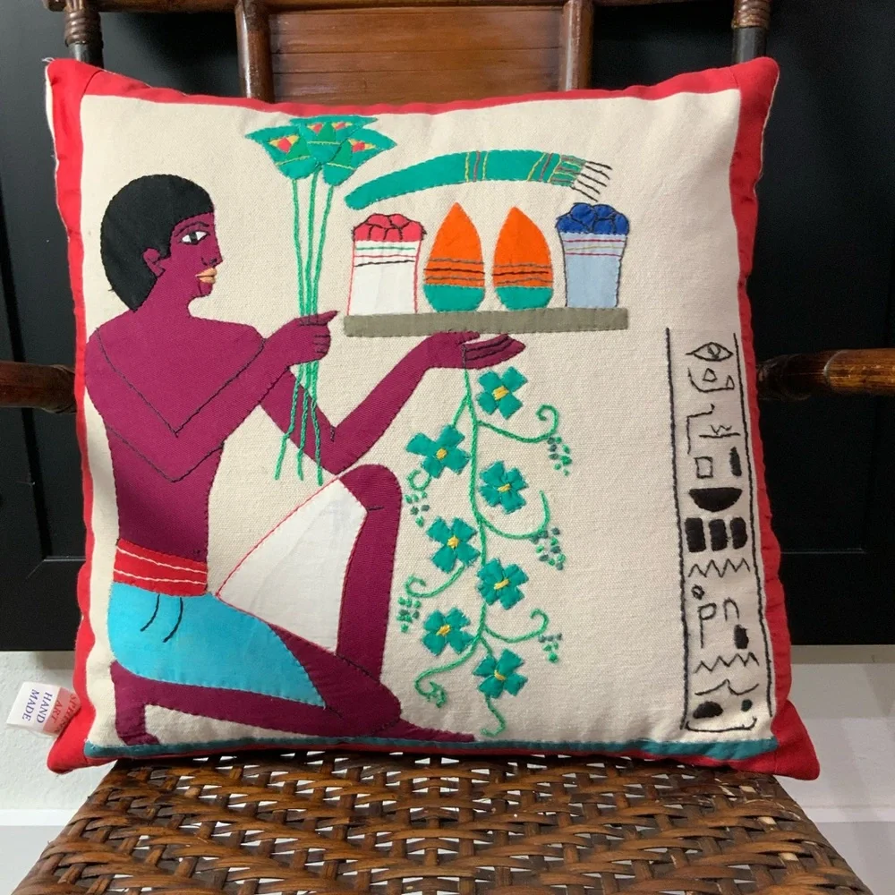 Vintage Egyptian Khayamiya Embroidered Textile Art. Sphinx art, handmade pillow.